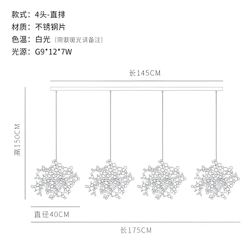 Four-head stainless steel pendant light with white-glow led bulbs in sleek modern decorbites g9 leaf pendant light design