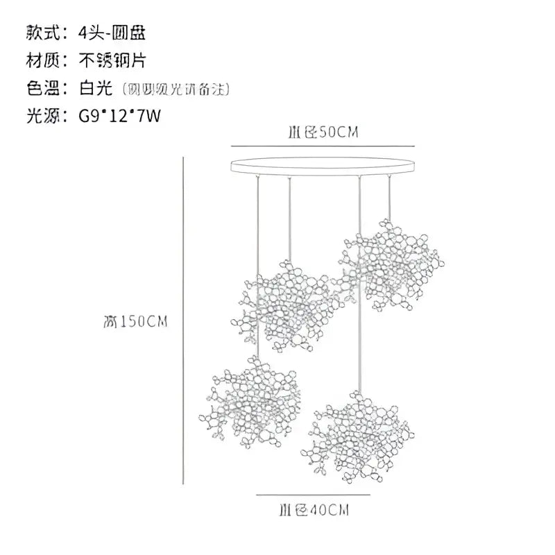 A modern minimalist pendant light with four polished stainless steel bead clusters for dining room decorbites g9 leaf