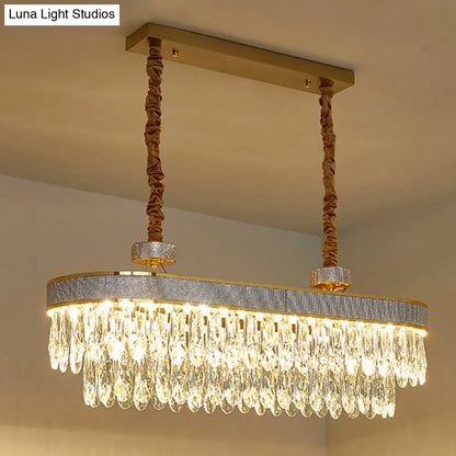DecorBites™ Golden LED Island Chandelier with Modern Oval Clear Crystal Drops - Stylish Ceiling Light