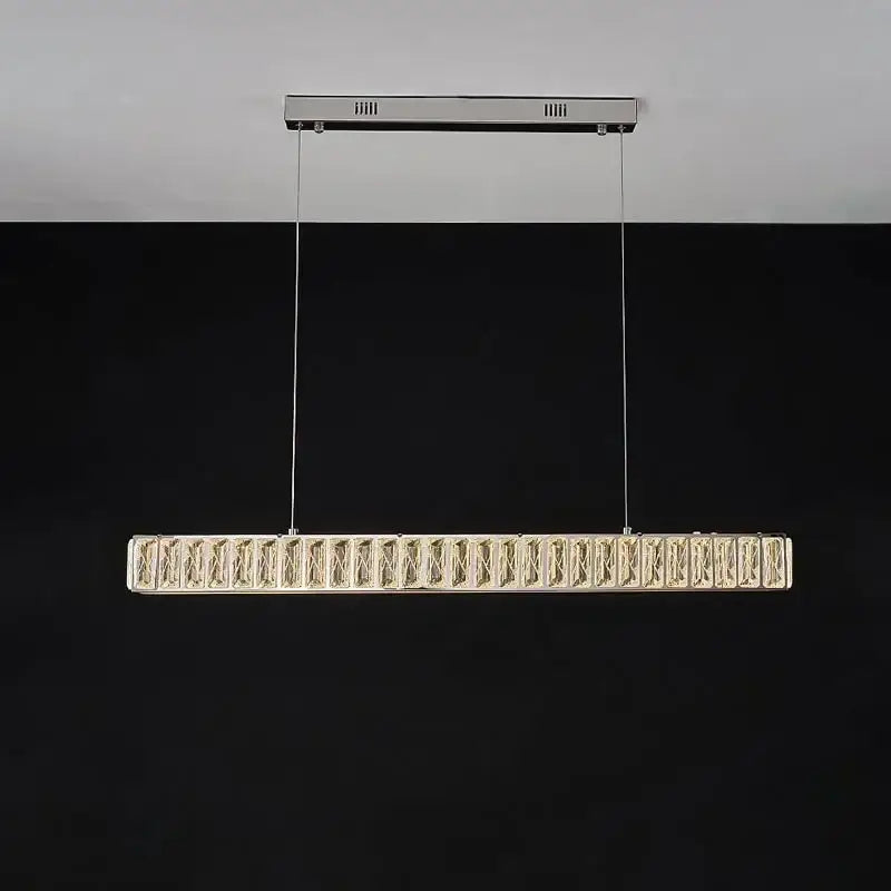 Golden led modern rectangular pendant light with sleek chrome finish and embedded crystal elements for elegant dining decorbites golden led