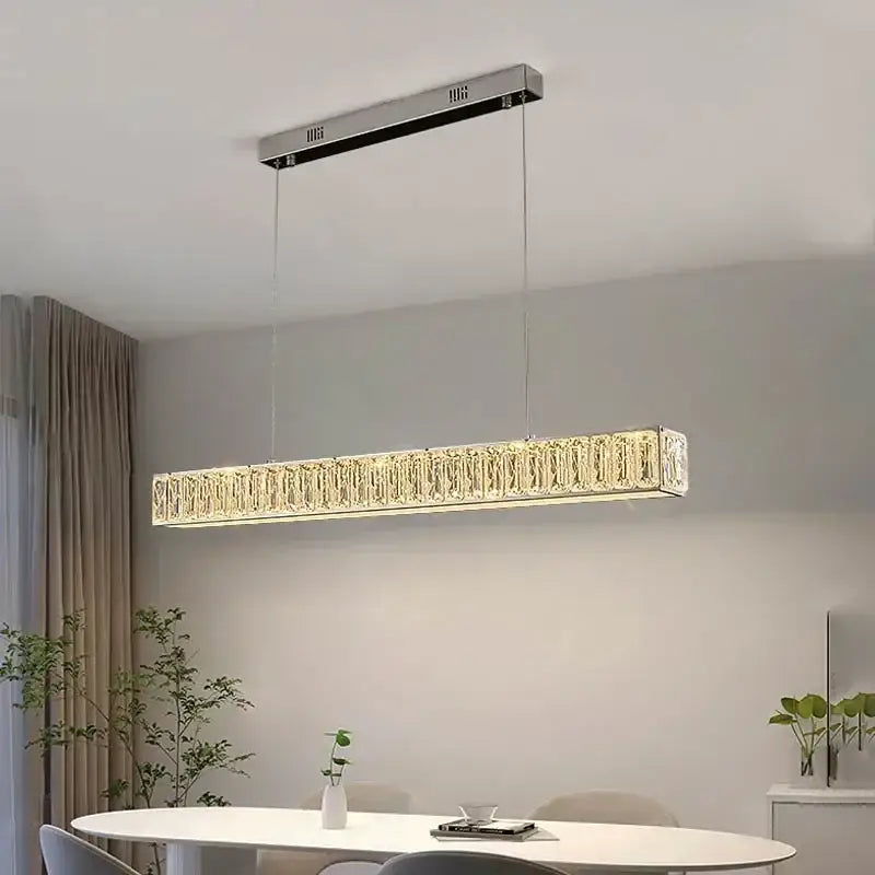 A decorbites golden led modern rectangular chandelier with chrome finish and crystal accents for dining room lighting