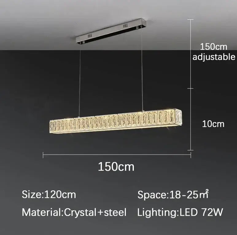 A golden led modern rectangular crystal chandelier with steel design and adjustable 150cm length for dining room lighting