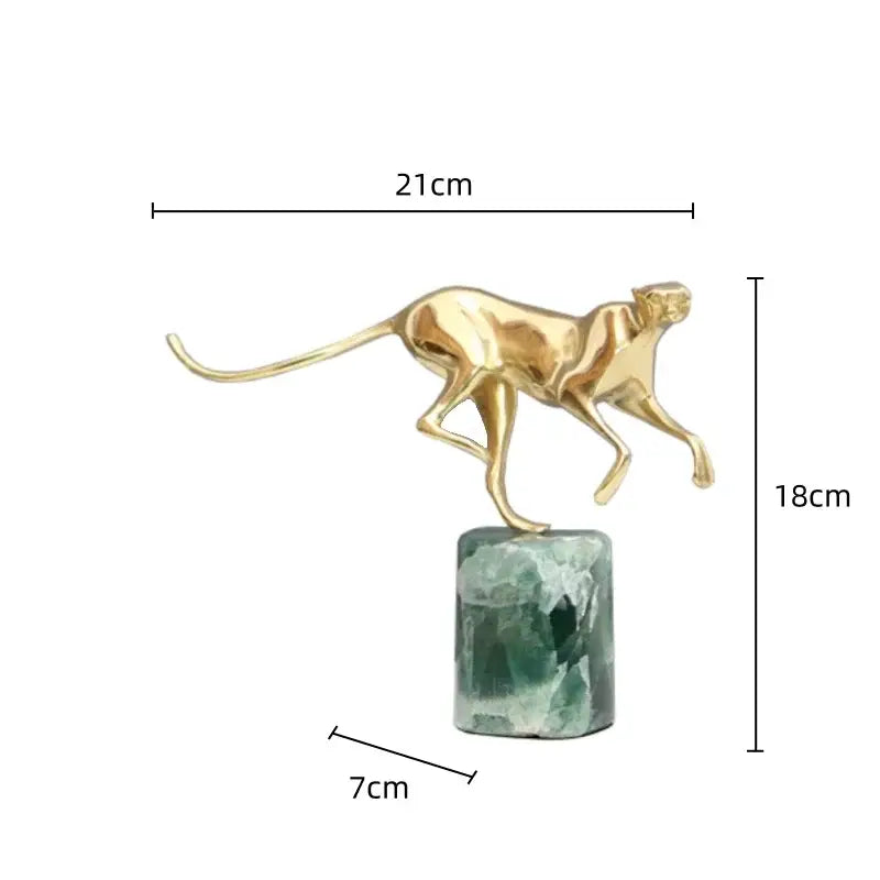 Golden leopard brass figurine standing on green marble crystallized base for elegant living room decorbites decor