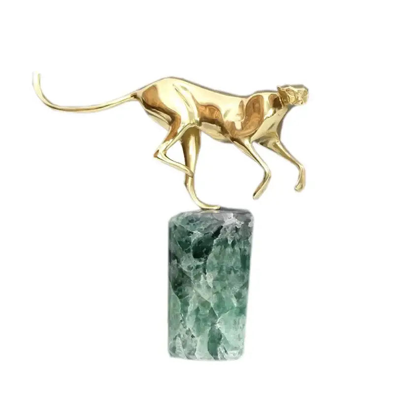 Golden leopard brass figurine standing on a green marble fluorite base decorbites golden leopard living room decor