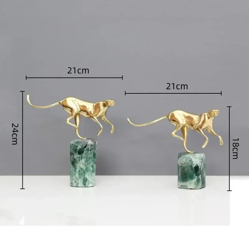 Two golden leopard brass figurines mounted on green marble bases perfect for living room decorbites decorbites golden leopard decor
