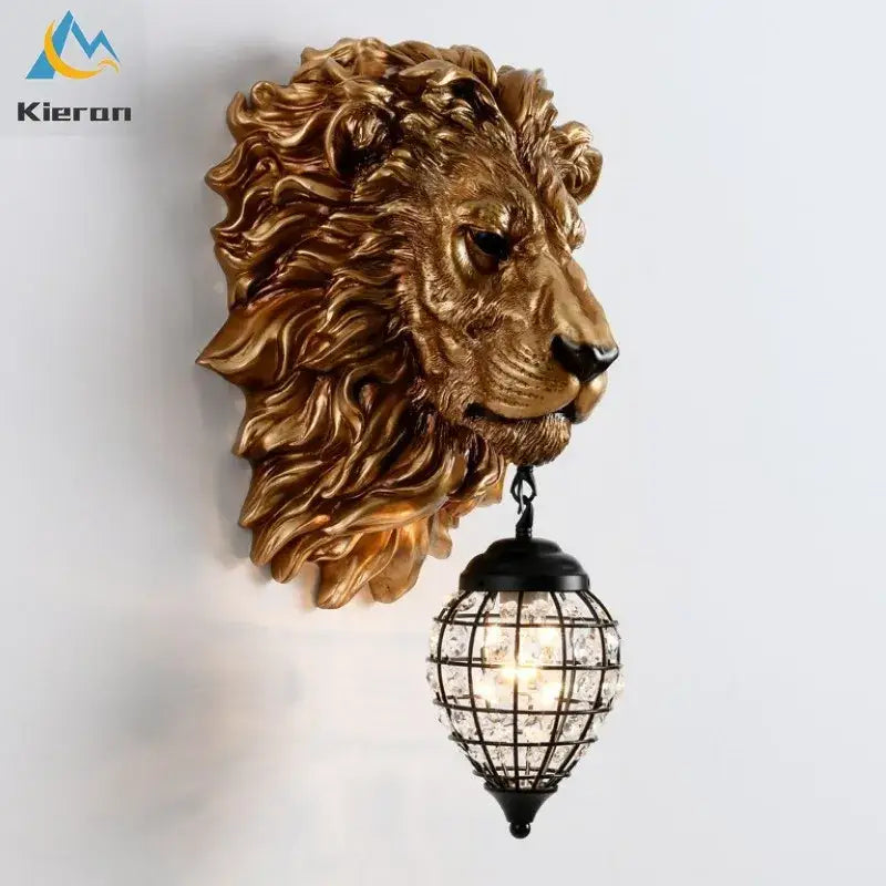 Golden lion head king crystal wall lamp with black metal cage pendant as a bedroom wall lamp and crystal wall lamp