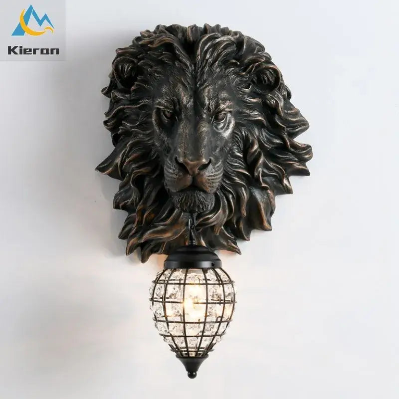 Bronze lion head wall lamp with crystal-encrusted globe lampshade for bedroom decorbites king crystal wall lighting