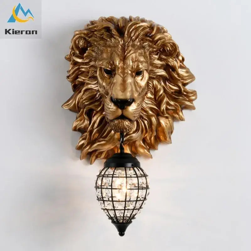 Golden lion head king crystal wall lamp with black metal cage-style lampshade for bedroom living room decorbites king crystal wall