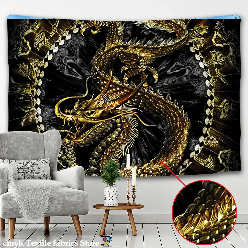 A striking black and gold golden loong dragon totem tapestry with intricate metallic scales for bedroom wall art decorbites