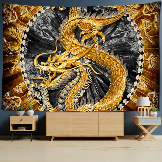 Golden loong dragon totem tapestry with intricate scales and fierce expression on black background for bedroom wall art