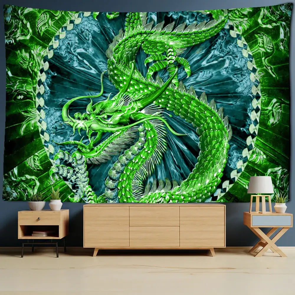 Vibrant green dragon totem tapestry with intricate scales and flowing design as decorbites golden loong dragon wall art
