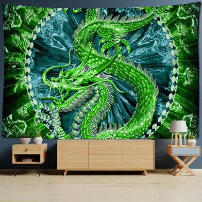 Vibrant green dragon totem tapestry with intricate scales and flowing design as decorbites golden loong dragon wall art