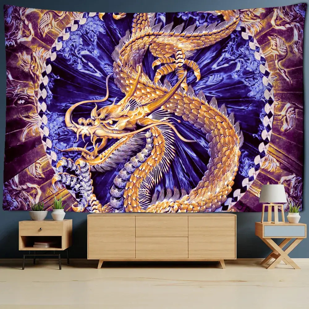 A vibrant golden loong dragon totem tapestry with intricate scales and flowing mane on a deep purple decorbites golden loong background