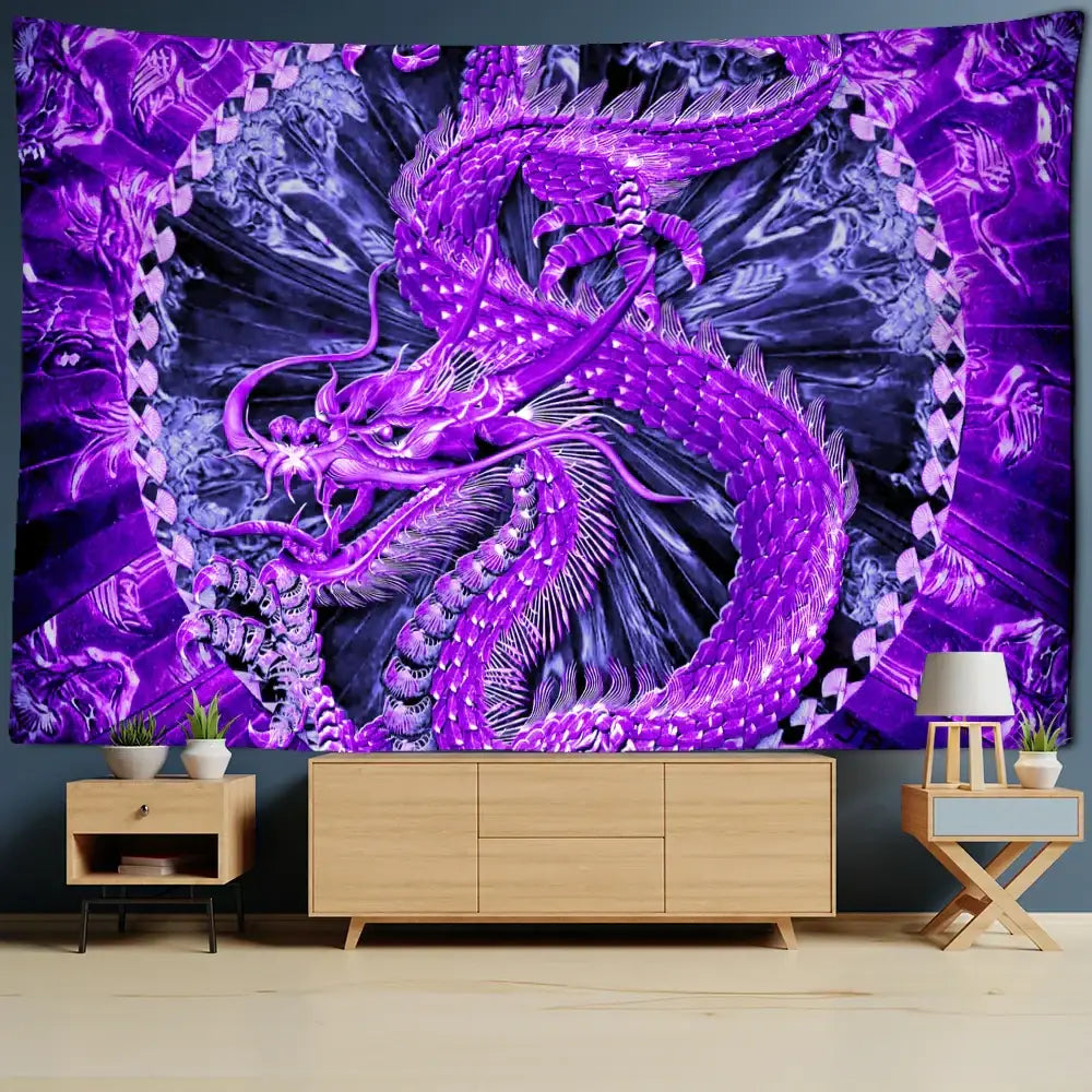 Vibrant purple decorbites golden loong dragon totem tapestry with intricate scales for striking bedroom wall decor