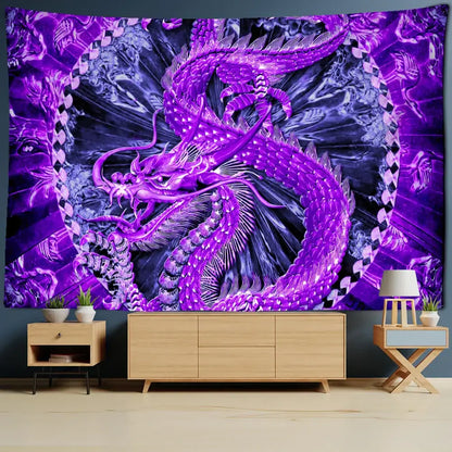 Vibrant purple decorbites golden loong dragon totem tapestry with intricate scales for striking bedroom wall decor