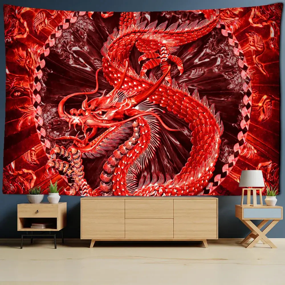 A vibrant red golden loong dragon totem tapestry with intricate scales and detailed wings for bedroom wall decor