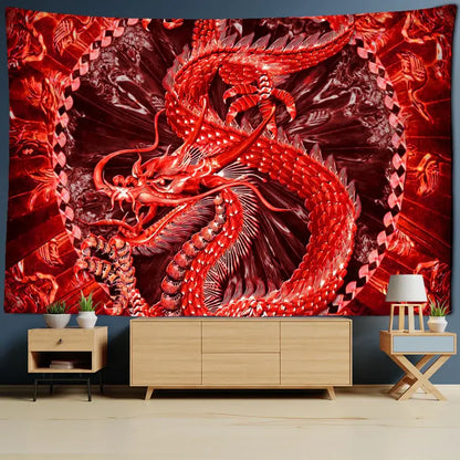 A vibrant red golden loong dragon totem tapestry with intricate scales and detailed wings for bedroom wall decor