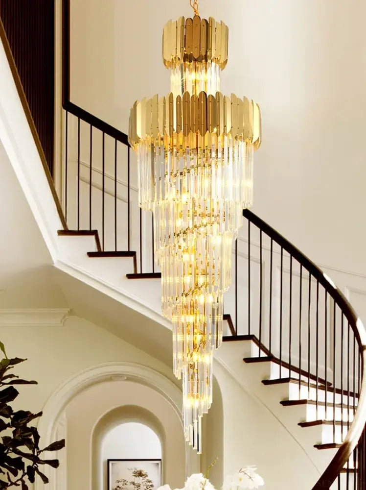 Golden luxury spiral crystal chandelier with cascading tiers in gold for elegant decorbites golden luxury lighting