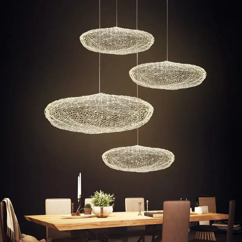 Modern silver wire mesh pendant light with delicate woven design ideal for decorbites cloud light and nordic designer pendant decor