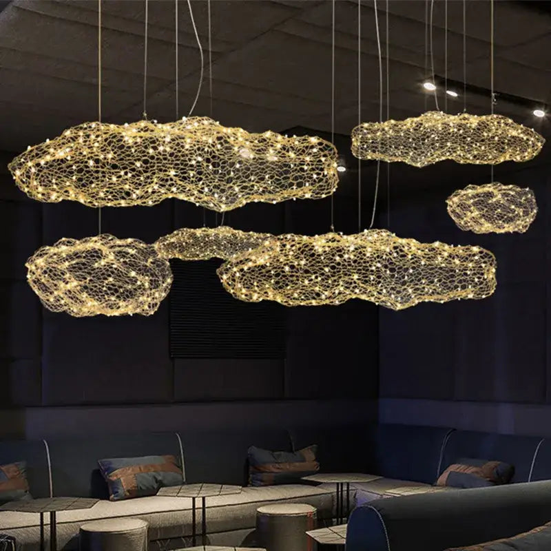 Golden mesh decorbites cloud light pendant lamp with intricate mesh design and warm white leds for bedroom lighting