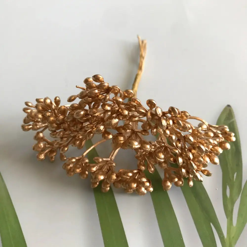 Golden metallic berry stamen with delicate textured stems and rustic twine stem for decorbites green plant decor