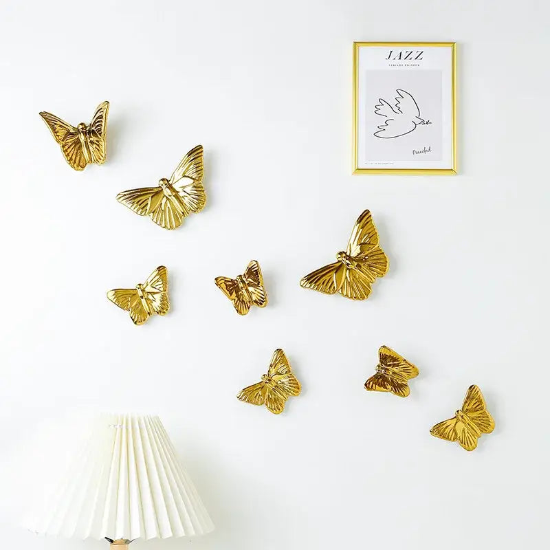 Gold-colored metallic ceramic butterfly wall decoration set perfect for living room wall decoration set