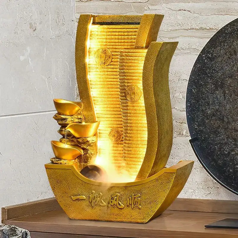 Golden metallic circulating water fountain with flowing design and engraved chinese characters for living room decorbites circulating water wealth decor