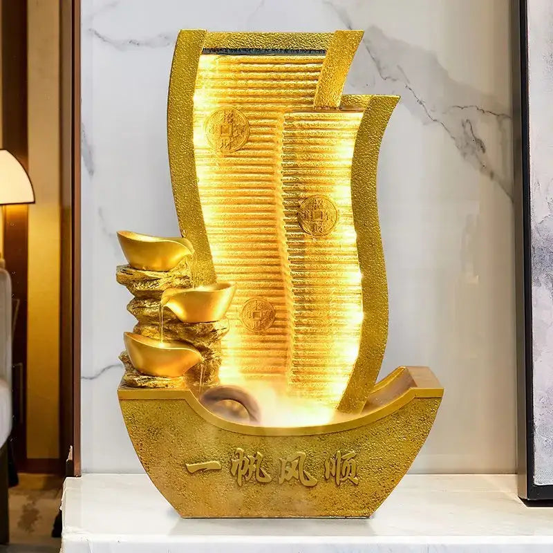 Golden metallic decorbites circulating water fountain with embossed chinese coins designed as traditional money boat decor