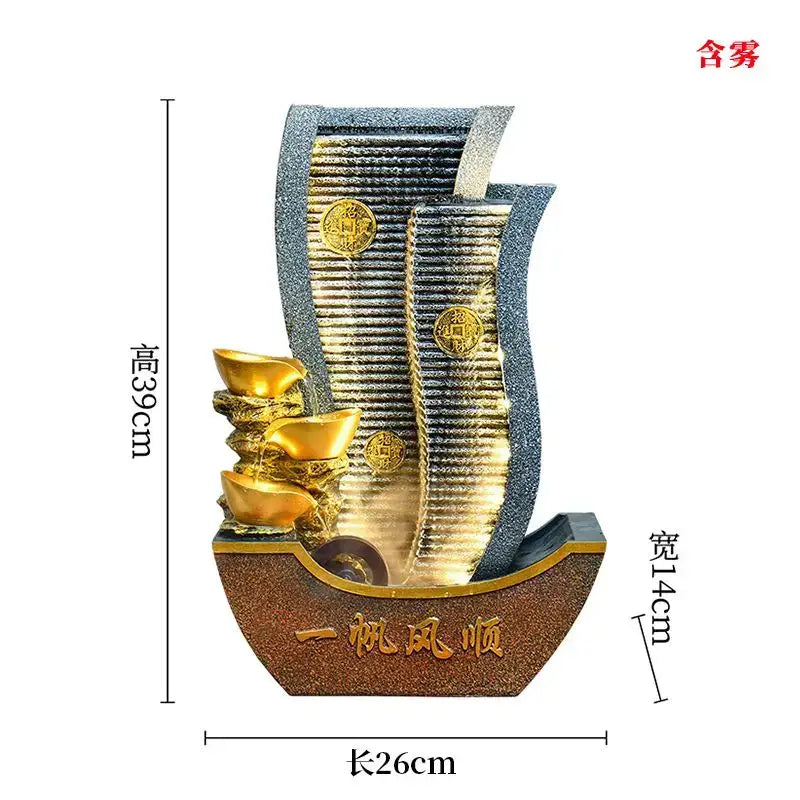 Golden metallic circulating water fountain with silver accents, stacked gold ingots, and coin motifs for decorbites circulating water decor