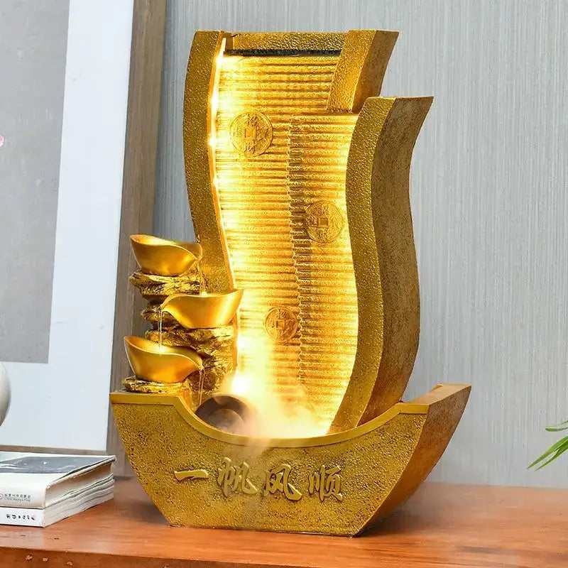 Golden metallic decorbites circulating water fountain with embossed coin motifs and chinese characters for living room wealth decor