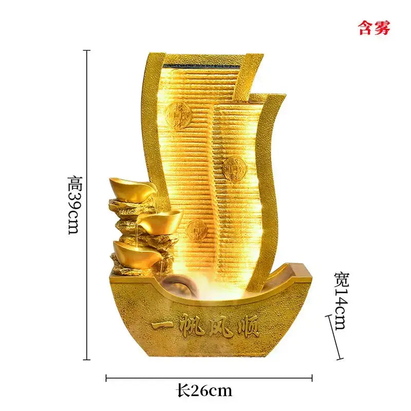 Golden metallic circulating water fountain with cascading water, stacked gold ingots, embossed coins for living room decorbites circulating water wealth decor