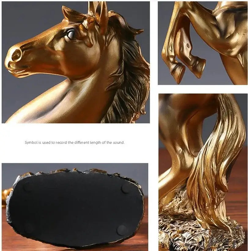 Golden metallic horse resin sculpture with detailed mane and muscular build on textured base decorbites horse resin decor