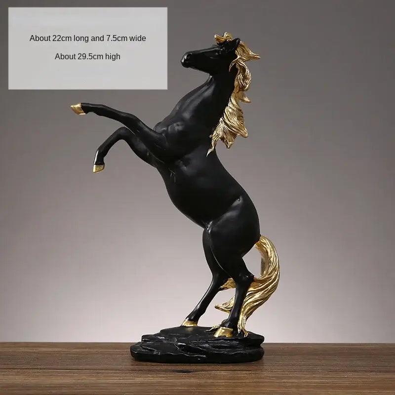 Black and gold rearing horse resin sculpture with detailed mane tail and hooves decorbites horse resin living room decor