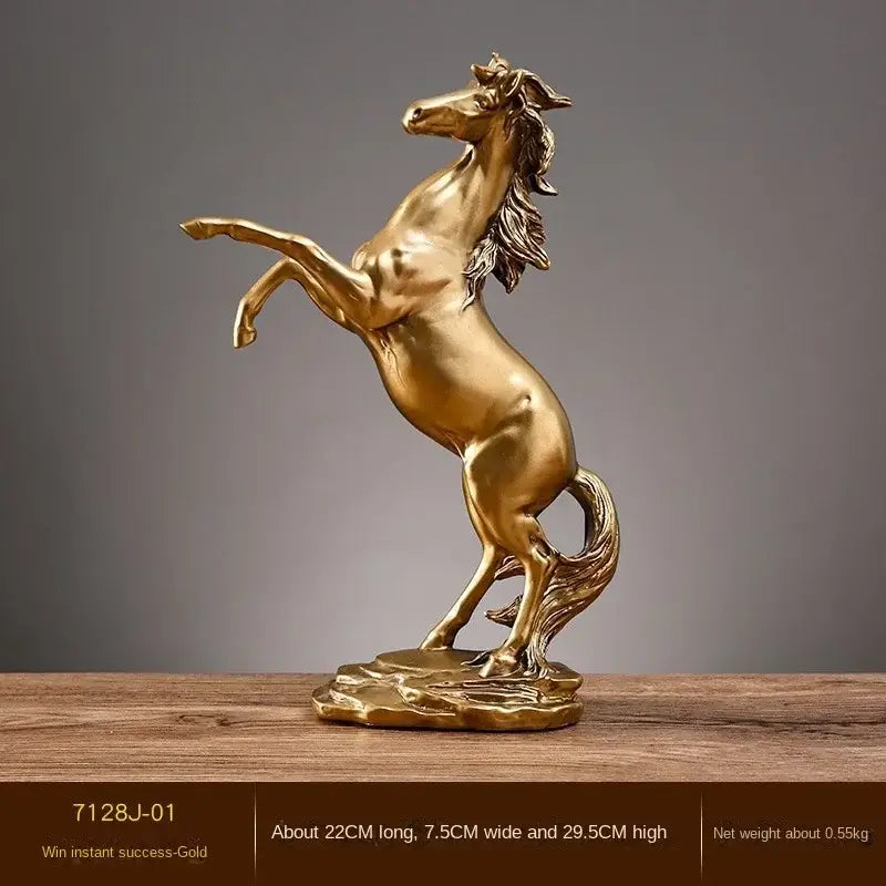 Golden metallic horse resin sculpture with detailed mane and tail on textured base for living room decorbites horse decor