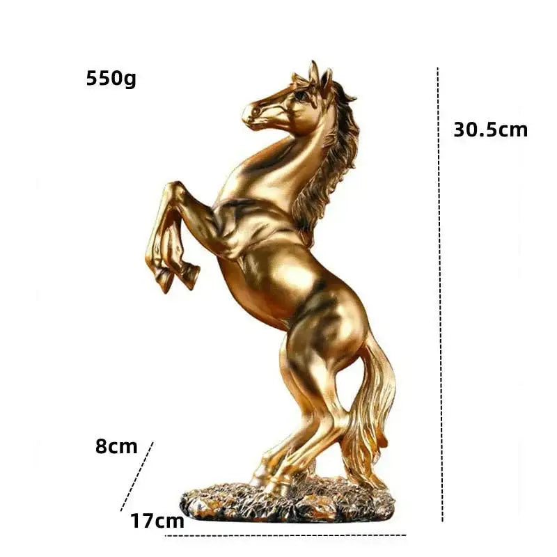 Golden metallic horse resin sculpture by decorbites standing on a rocky base ideal for living room decorbites horse resin