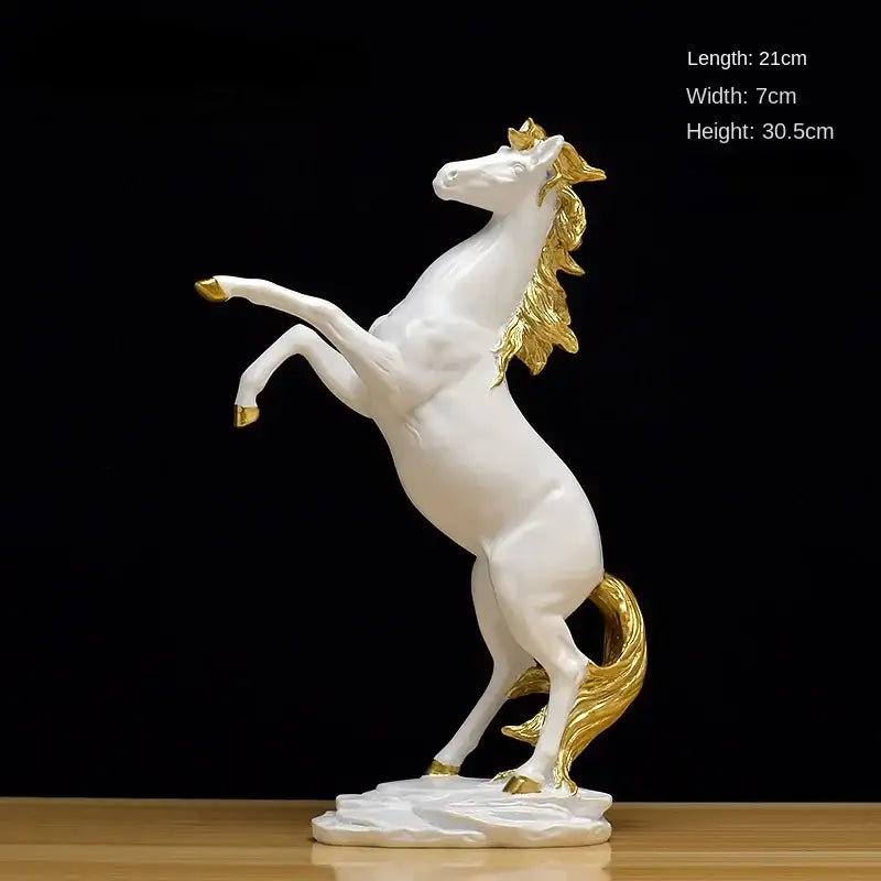 White and gold decorbites horse resin sculpture with rearing pose and metallic gold detailed mane for living room decor