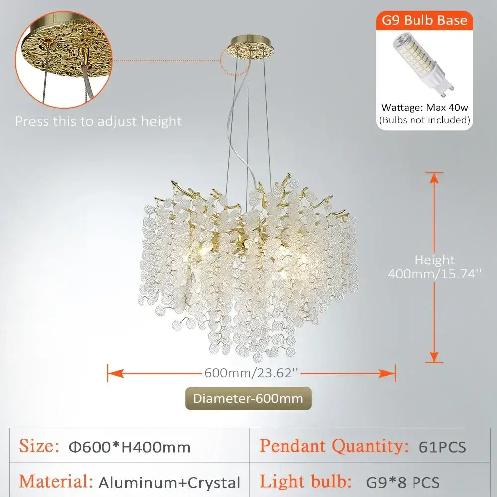Delicate golden money tree crystal chandelier with gold-toned aluminum frame and 61 clear glass pendants for living room