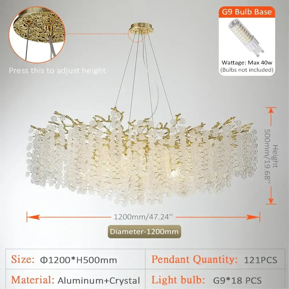 Gold-toned golden money tree chandelier with intricate crystal droplets and aluminum branches for living room pendant light