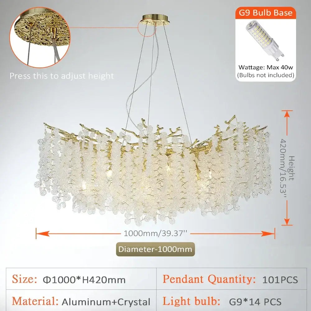 A modern golden money tree chandelier with gold-toned aluminum frame and clear crystal droplets for living room use