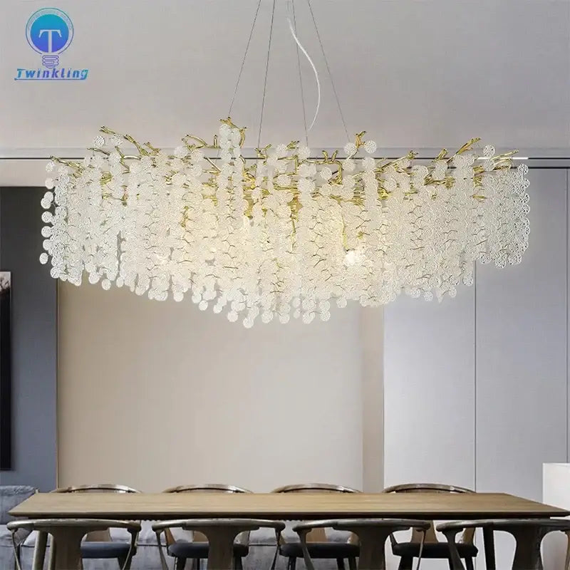 Elegant golden money tree crystal chandelier with cascading clear crystal droplets for living room pendant light