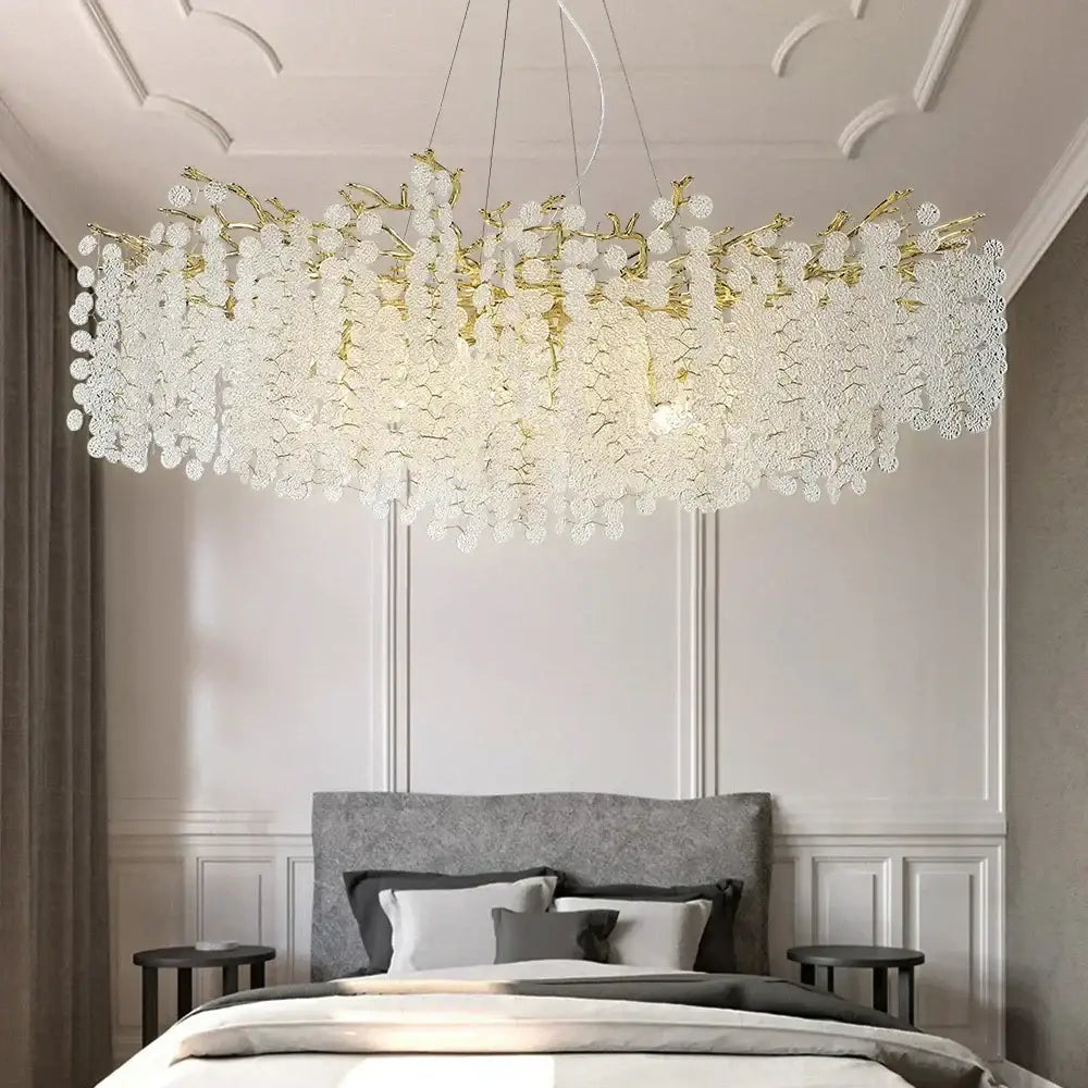 Elegant gold-toned golden money tree crystal chandelier with cascading white blossoms for living room pendant light