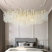 Elegant gold-toned golden money tree crystal chandelier with cascading white blossoms for living room pendant light
