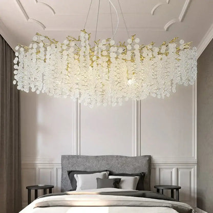 Elegant gold-toned golden money tree crystal chandelier with cascading white blossoms for living room pendant light