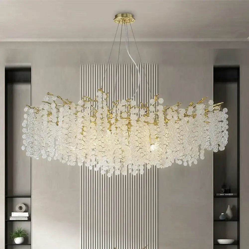 Elegant golden money tree crystal chandelier pendant light with cascading clear crystal clusters for living room decor