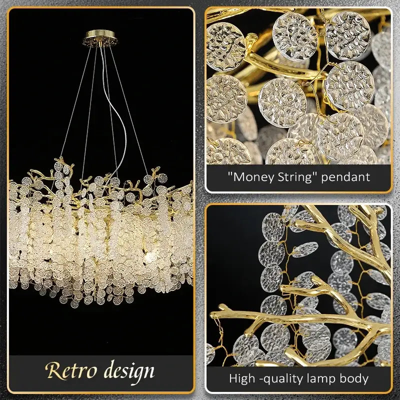 Golden money tree crystal chandelier with gold-toned retro design and cascading circular crystal pendants for living room
