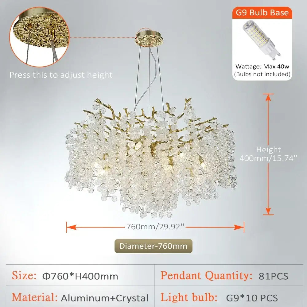 Gold-toned golden money tree crystal chandelier with delicate blossoms and adjustable ceiling mount pendant light
