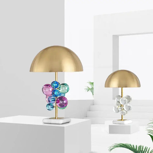 Golden mushroom crystal table lamp with gold dome and colorful glass orb cluster on marble base for decorbites golden mushroom decor