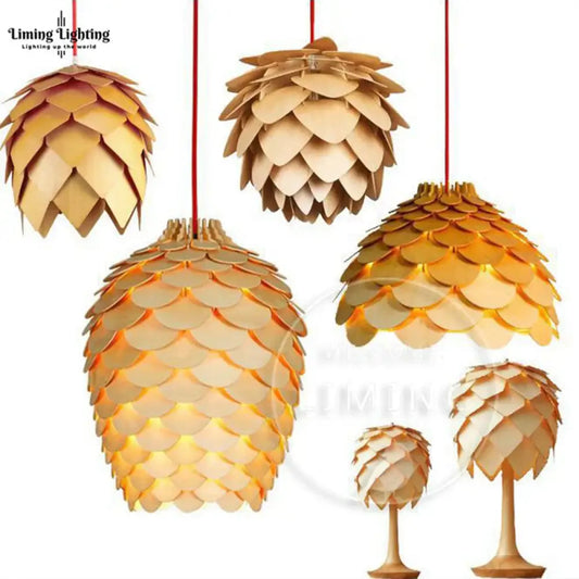 Golden oak pinecone wood pendant light with layered wooden scales and warm interior lighting for dining room use