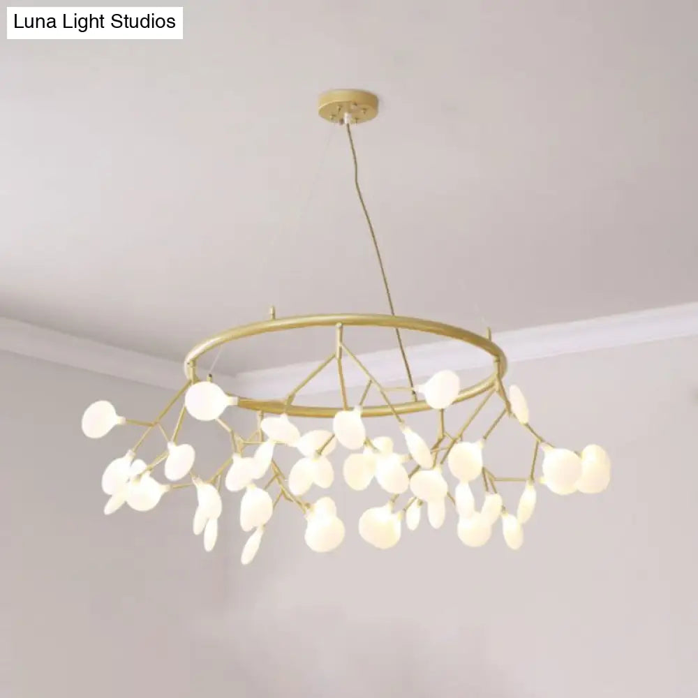 Golden Pendant Chandelier with Leaf Acrylic Shade - 45-Bulb Artistic Living Room Lamp