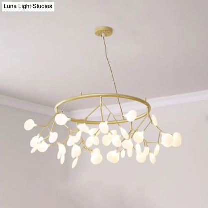Golden Pendant Chandelier with Leaf Acrylic Shade - 45-Bulb Artistic Living Room Lamp